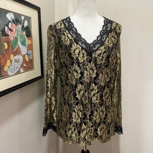 Kathy Ireland Plus Black  Gold Lace V-Neck Top Size X Long Sleeve Pullover Top